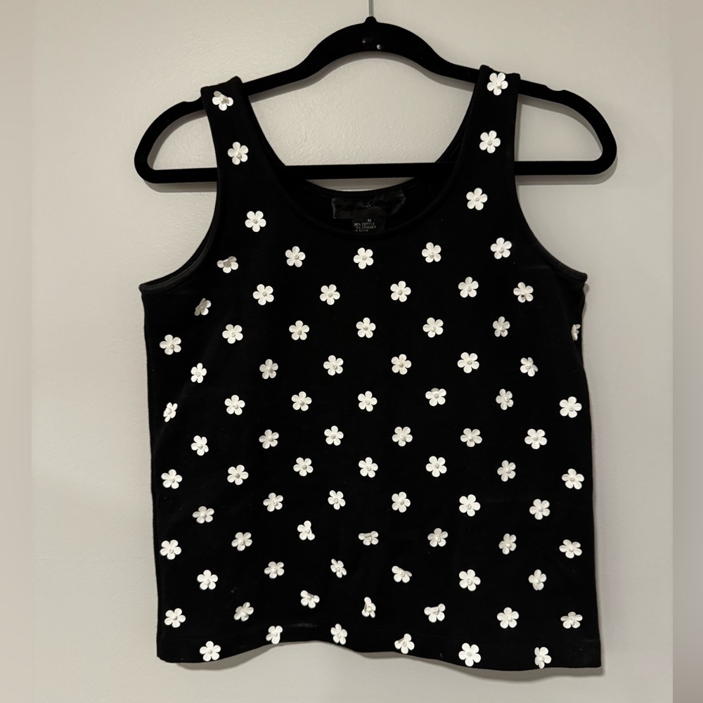 Black Tank Top With White Flowers All Over Medium